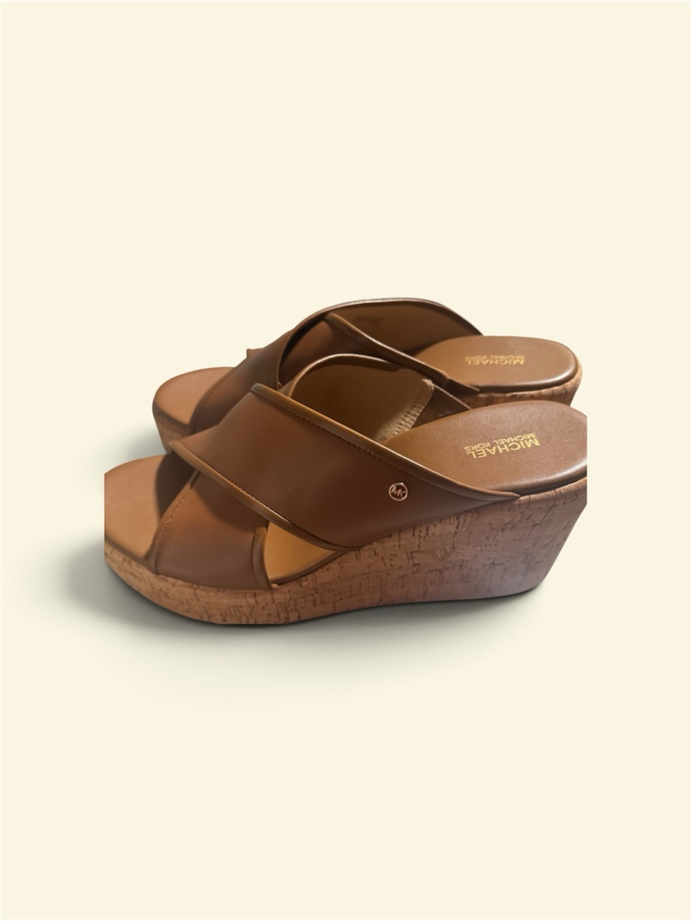 Michael Kors Brown Leather Cork Wedge Slide Sandals